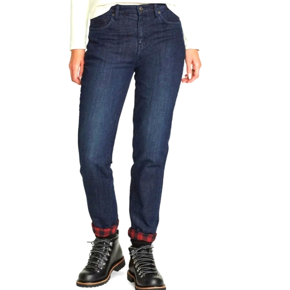 Eddie Bauer Boyfriend Flannel Lined Jeans Dark Wash Buffalo Plaid Cuff Womens 16